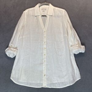Coldwater Creek Size 1X Top 100% Linen Button Front Blouse White Roll Tab Sleeve